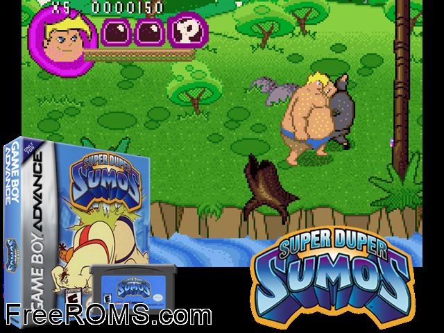 Super Duper Sumos Gameboy Advance game showing 3D box cover and gameplay screenshot